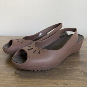 Crocs Women's 9 Brown Mabyn‎ Slingback Peep Toe Mini Wedge Comfort Sandals Shoes